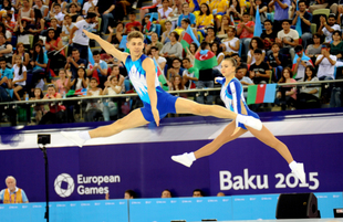 Avropa Oyunlarında aerobika gimnastikası üzrə qarışıq cütlüklərin təsnifat yarışları. Bakı, Azərbaycan, 17 iyun 2015 